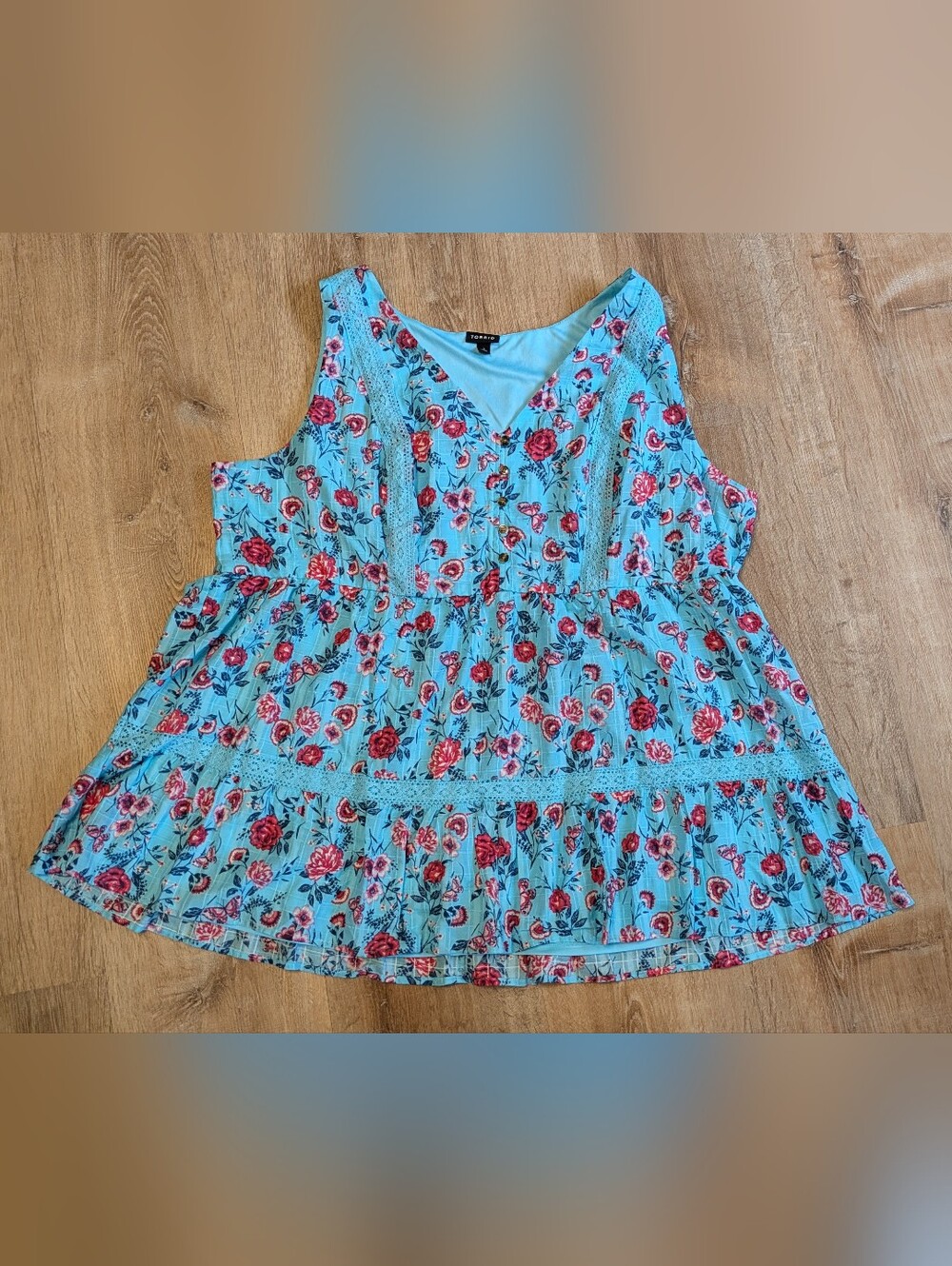 Torrid Blue Butterly V-Neck Tiered Blouse